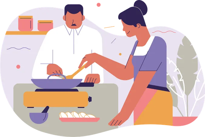 Couple chef making food in kitchen  Illustration