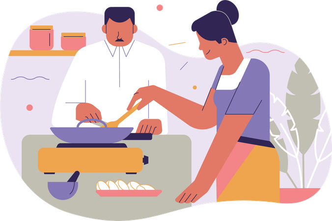 Couple chef making food in kitchen  Illustration