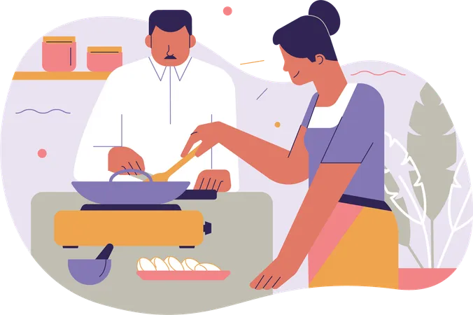 Chef de couple préparant de la nourriture dans la cuisine  Illustration