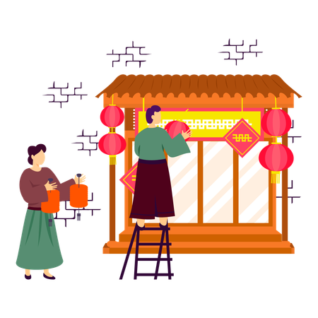 Couple chinois collant des décorations pour la fête du printemps  Illustration