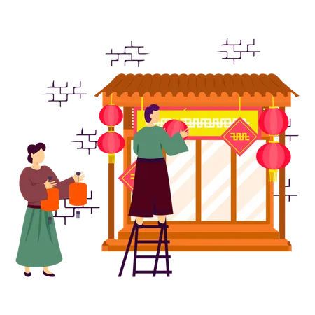 Couple chinois collant des décorations pour la fête du printemps  Illustration