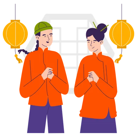 Couple chinois en train de prier  Illustration