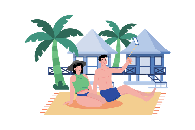 Couple chooses a peaceful resort to relax Illustration