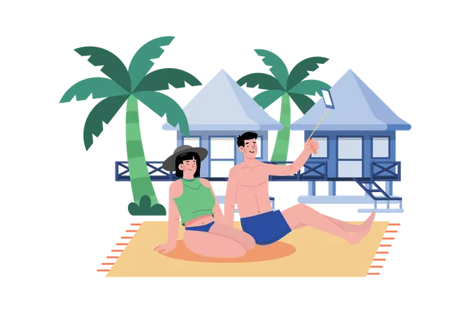 Couple chooses a peaceful resort to relax Illustration