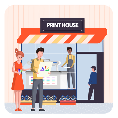 Couple choosing color from paint swatches and samples  of office of print house  Illustration