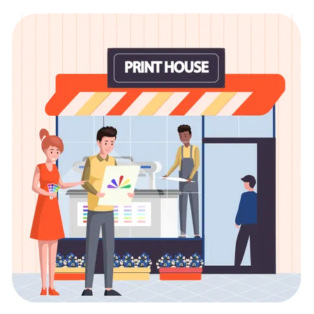 Couple choosing color from paint swatches and samples  of office of print house  Illustration
