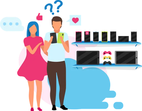 Couple Choosing Smartphone Flat Vector Illustration Boyfriend And Girlfriend Buying Phone In Appliance Store Cartoon Characters Customers In Store Buying New Cell Phone Family Doing Purchases Mall Illustration