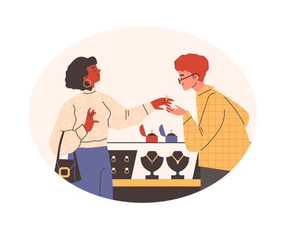 Couple choosing wedding ring in jewellery store  Illustration