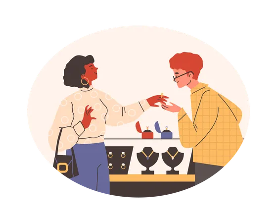 Couple choosing wedding ring in jewellery store  Illustration