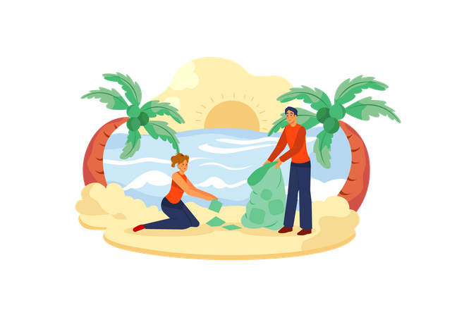 Couple cleaning beach  Illustration