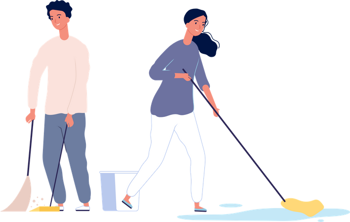 Couple cleaning home together Illustration
