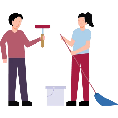 A Boy And A Girl Are Cleaning The House Illustration