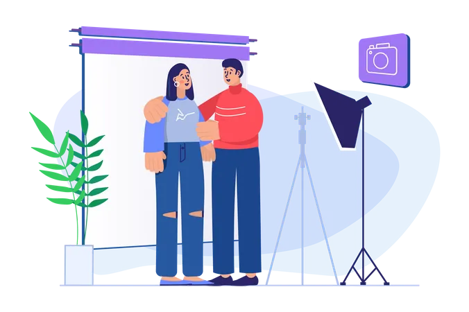 Couple clicking picture at photo studio  Illustration
