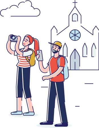 Couple clicking pictures while travelling together Illustration