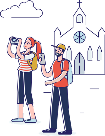 Couple clicking pictures while travelling together  Illustration