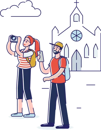 Couple clicking pictures while travelling together  Illustration