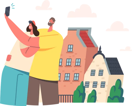 Young Couple Making Selfie On Phone Front Of Their New House Or Foreign City Street Happy Male And Female Friends Characters Near Buildings Cartoon People Vector Illustration Illustration
