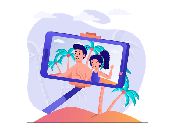 Couple clicking selfie at beach Illustration