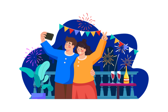 Couple Video Call On New Year Illustration