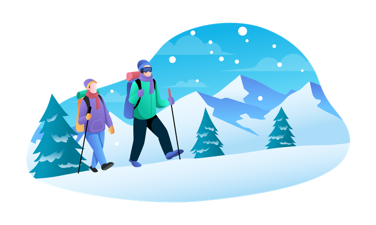 Couple climbing mountains in winter  Illustration