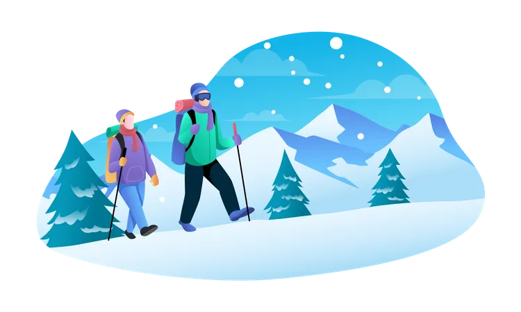 Couple climbing mountains in winter  Illustration