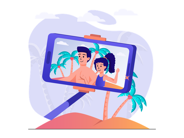 Couple cliquant sur selfie à la plage  Illustration