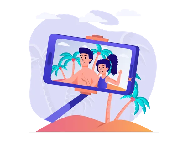 Couple cliquant sur selfie à la plage  Illustration