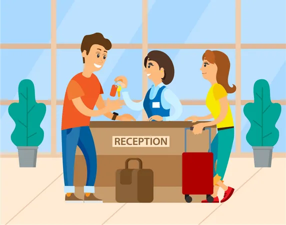 Couple collect room key from receptionist  Illustration