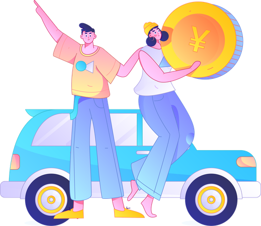 Un couple collecte de l'argent pour l'essence de sa voiture  Illustration