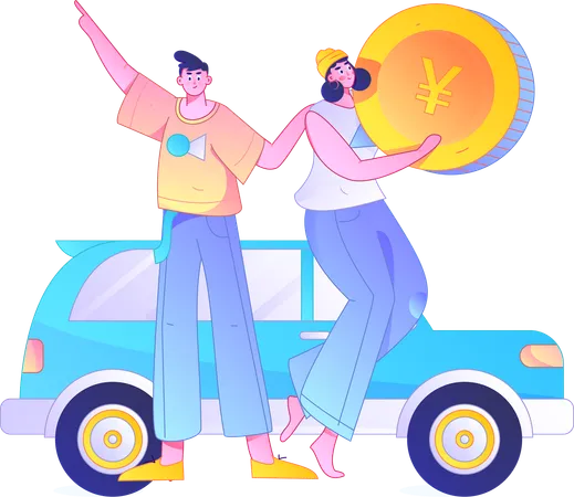 Un couple collecte de l'argent pour l'essence de sa voiture  Illustration