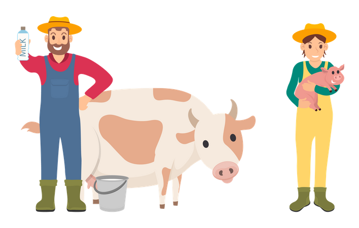 Couple collectant du lait frais en bouteille  Illustration