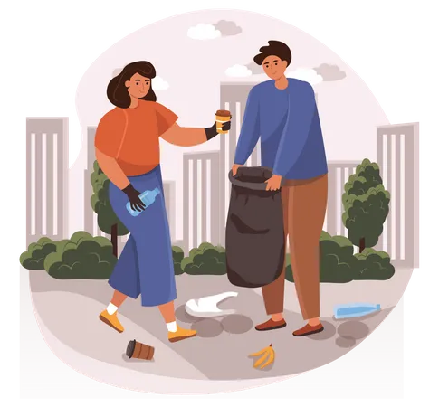 Couple Collecting Garbage Illustration