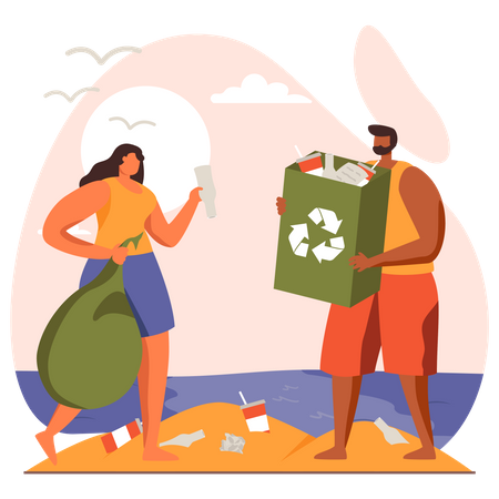 Couple collecting waste from beach Illustration