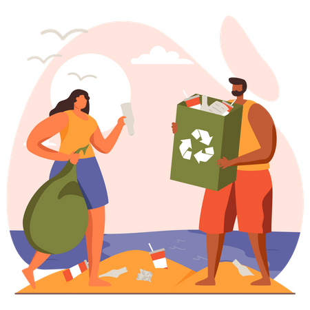 Couple collecting waste from beach  Illustration