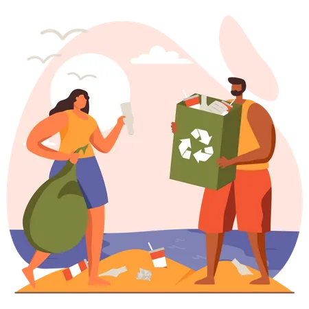 Couple collecting waste from beach  Illustration