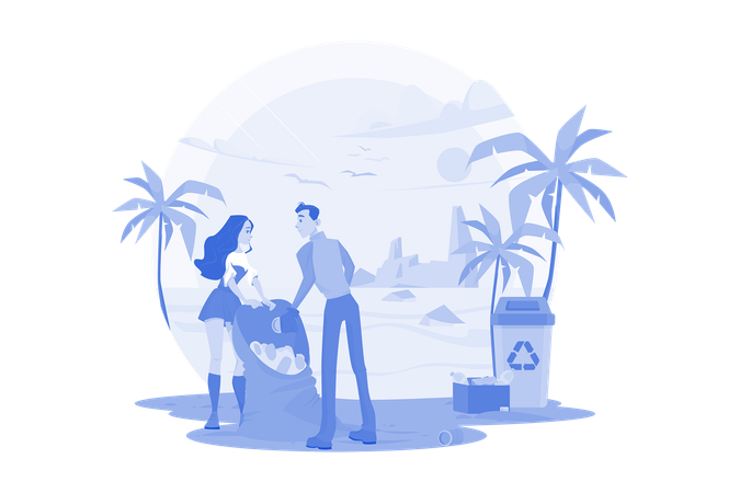 Couple Collecting Waste From The Beach  Illustration