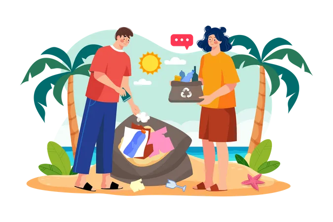 Couple Collecting Waste From The Beach  イラスト