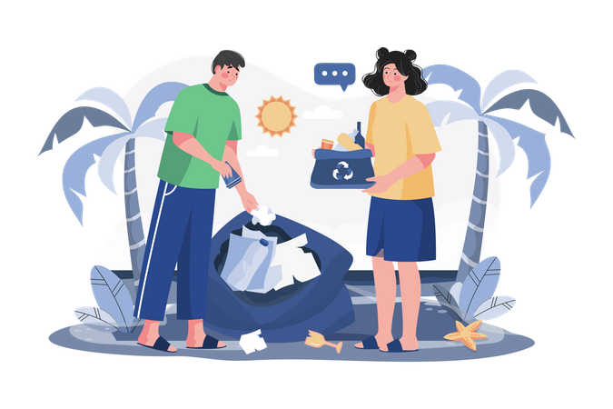 Couple Collecting Waste From The Beach  イラスト