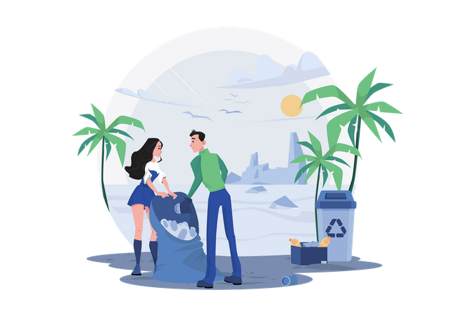 Couple Collecting Waste From The Beach  Illustration