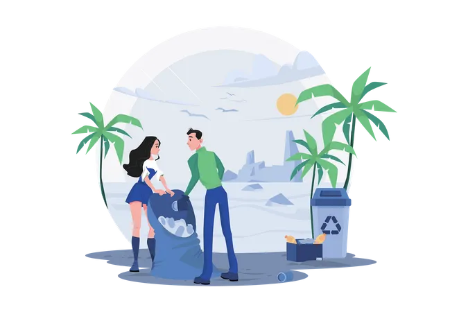 Couple Collecting Waste From The Beach  Illustration