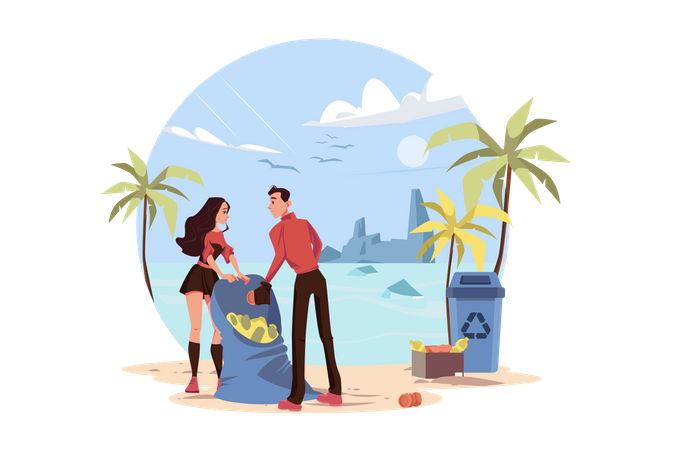 Couple Collecting Waste From The Beach  Illustration