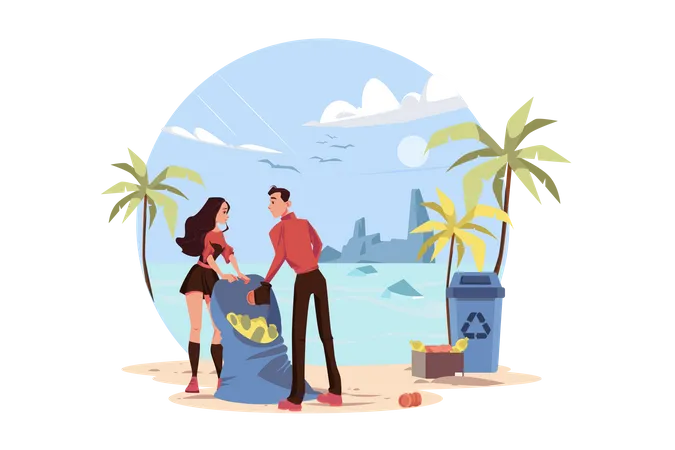 Couple Collecting Waste From The Beach  Illustration