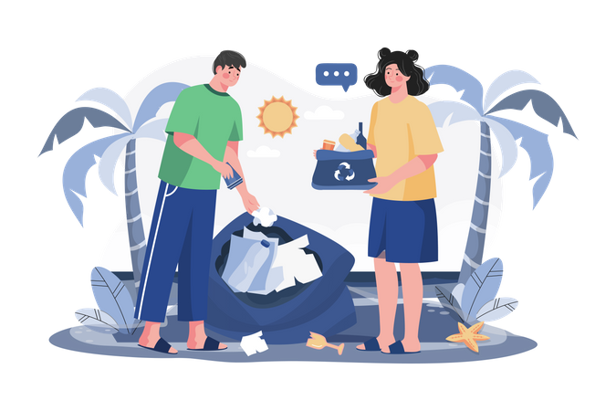 Couple Collecting Waste From The Beach  Illustration