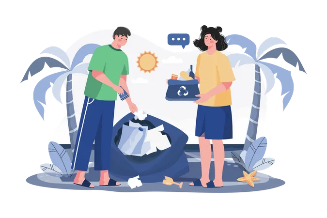 Couple Collecting Waste From The Beach  Illustration