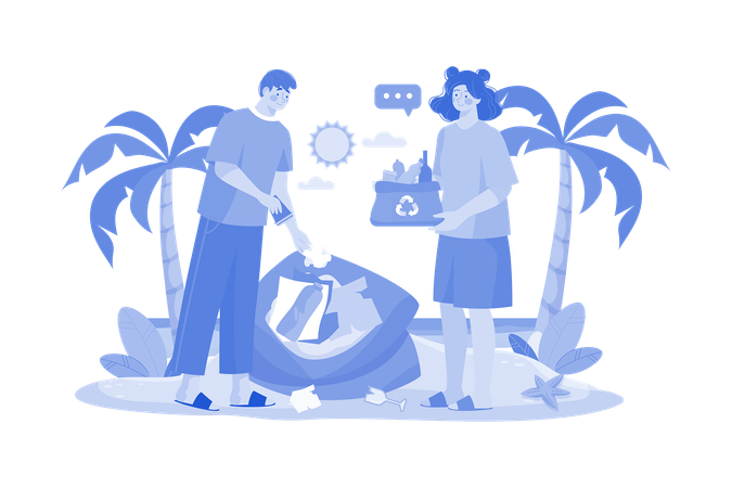 Couple Collecting Waste From The Beach  Illustration