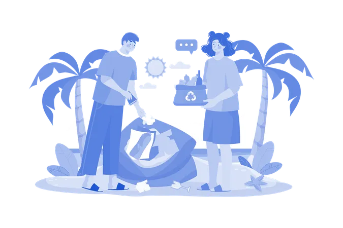 Couple Collecting Waste From The Beach  Illustration