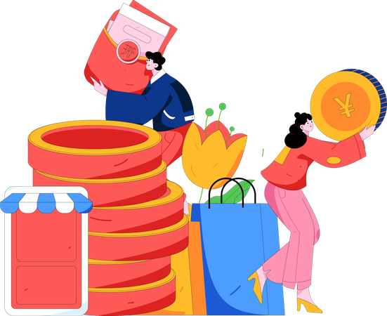 Couple collects money for shopping  Illustration