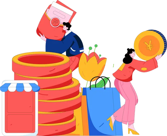 Couple collects money for shopping  Illustration