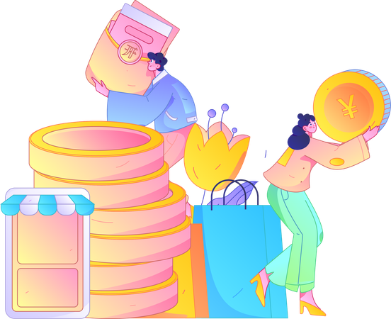 Couple collects money for shopping  Illustration