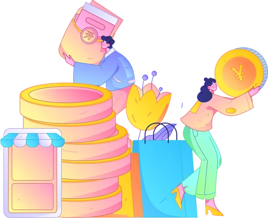 Couple collects money for shopping  Illustration